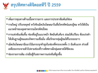สำนักงำนคณะกรรมกำรกิจกำรกระจำยเสียง กิจกำรโทรทัศน์ และกิจกำรโทรคมนำคมแห่งชำติ
• เพิ่มกำรทุนทำงด้ำนเนื้อหำรำยกำร และกำรประชำสัมพันธ์ช่อง
• รำยใหญ่ ปรับกลยุทธ์ หวังชิงเม็ดเงินโฆษณำในสื่อโทรทัศน์และผู้ชม หวังได้เป็น
แนวหน้ำของอุตสำหกรรมโทรทัศน์ไทย
• กำรแข่งขันเพิ่มขึ้น ช่องที่อยู่ในแนวหน้ำ ติดอันดับต้นๆ ย่อมได้เปรียบ ต้องเร่งทำ
ให้เห็นฐำนผู้ชมและเกิดควำมเชื่อมั่น เพื่อรักษำกลุ่มผู้ชมได้ในระยะยำว
• เม็ดเงินโฆษณำมีแนวโน้มกระจุกตัวสูงในช่องที่ครองเรตติ้ง 5 อันดับแรก ส่วนที่
เหลือจะกระจำยตัวไปตำมช่องที่วำงทิศทำงมีกลุ่มตลำดได้ชัดเจน
• ช่องรำยกำรเดิม เร่งมือสู้กับสภำพกำรแข่งขันที่สูงขึ้น
สรุปทิศทำงดิจิตอลทีวี ปี 2559
 