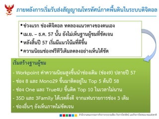 สำนักงำนคณะกรรมกำรกิจกำรกระจำยเสียง กิจกำรโทรทัศน์ และกิจกำรโทรคมนำคมแห่งชำติ
ภำยหลังกำรเริ่มรับส่งสัญญำณโทรทัศน์ภำคพื้นดินในระบบดิจิตอล
•ช่วงแรก ช่องดิจิตอล ทดลองแนวทำงของตนเอง
•เม.ย. – ธ.ค. 57 นั้น ยังไม่เห็นฐำนผู้ชมที่ชัดเจน
•หลังสิ้นปี 57 เริ่มมีแนวโน้มที่ดีขึ้น
•ควำมนิยมช่องฟรีทีวีเดิมลดลงอย่ำงเห็นได้ชัด
เริ่มสร้ำงฐำนผู้ชม
- Workpoint ค่ำควำมนิยมสูงขึ้นนำช่องเดิม (ช่อง9) ปลำยปี 57
- ช่อง 8 และ Mono29 ขึ้นมำติดอยู่ใน Top 5 ต้นปี 58
- ช่อง One และ True4U ขึ้นติด Top 10 ในเวลำไม่นำน
- 3SD และ 3Family ได้เรตติ้งดี จำกแฟนรำยกำรช่อง 3 เดิม
- ช่องอื่นๆ ยังเห็นภำพไม่ชัดเจน
 