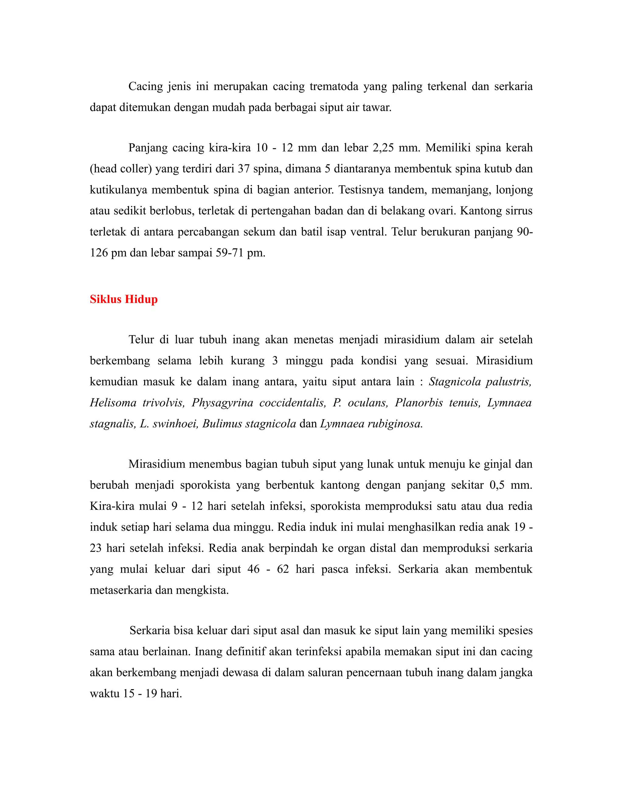 Cacing jenis ini merupakan cacing trematoda yang paling terkenal dan serkaria
dapat ditemukan dengan mudah pada berbagai siput air tawar.
Panjang cacing kira-kira 10 - 12 mm dan lebar 2,25 mm. Memiliki spina kerah
(head coller) yang terdiri dari 37 spina, dimana 5 diantaranya membentuk spina kutub dan
kutikulanya membentuk spina di bagian anterior. Testisnya tandem, memanjang, lonjong
atau sedikit berlobus, terletak di pertengahan badan dan di belakang ovari. Kantong sirrus
terletak di antara percabangan sekum dan batil isap ventral. Telur berukuran panjang 90-
126 pm dan lebar sampai 59-71 pm.
Siklus Hidup
Telur di luar tubuh inang akan menetas menjadi mirasidium dalam air setelah
berkembang selama lebih kurang 3 minggu pada kondisi yang sesuai. Mirasidium
kemudian masuk ke dalam inang antara, yaitu siput antara lain : Stagnicola palustris,
Helisoma trivolvis, Physagyrina coccidentalis, P. oculans, Planorbis tenuis, Lymnaea
stagnalis, L. swinhoei, Bulimus stagnicola dan Lymnaea rubiginosa.
Mirasidium menembus bagian tubuh siput yang lunak untuk menuju ke ginjal dan
berubah menjadi sporokista yang berbentuk kantong dengan panjang sekitar 0,5 mm.
Kira-kira mulai 9 - 12 hari setelah infeksi, sporokista memproduksi satu atau dua redia
induk setiap hari selama dua minggu. Redia induk ini mulai menghasilkan redia anak 19 -
23 hari setelah infeksi. Redia anak berpindah ke organ distal dan memproduksi serkaria
yang mulai keluar dari siput 46 - 62 hari pasca infeksi. Serkaria akan membentuk
metaserkaria dan mengkista.
Serkaria bisa keluar dari siput asal dan masuk ke siput lain yang memiliki spesies
sama atau berlainan. Inang definitif akan terinfeksi apabila memakan siput ini dan cacing
akan berkembang menjadi dewasa di dalam saluran pencernaan tubuh inang dalam jangka
waktu 15 - 19 hari.
 