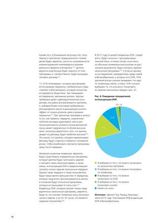Кроме того, в ближайшие несколько лет, попу-     В 2011 году (и далее) владельцы DVR, скорее
     лярность просмотра «традиционного» телеви-       всего, будут начинать с программ веща-
     дения будет, вероятно, расти из-за возможности   тельной сетки, и только потом, если поиск
     комментирования телепередачи в режиме            по обычным телевизионным каналам не даст
     реального времени в Интернете123: зритель        никаких результатов, будут смотреть заранее
     вероятно еще больше будет зависеть от теле-      записанные программы129. Согласно одному
     программы и, соответственно, будет вынужден      из исследований, проведенному среди семей
     смотреть рекламу124.                             в Великобритании, у которых есть DVR, 70%
                                                      зрителей всегда сначала проверяют, что идет
     15-25% телепередач, которые просматрива-         по телевизору сейчас; и лишь 16% сначала
     ются в режиме перемотки, необязательно пред-     выбирают то, что они могут посмотреть
     ставляют собой материал, который полностью       из заранее записанных передач (рис. 4).
     игнорируется обществом. Как показывают
     исследования, рекламные ролики, просма-          Рис. 4: Поведение телезрителей,
     триваемые даже с двенадцатикратным уско-         использующих DVR.
     рением, все равно воспринимаются зрителем,
                                                                          2% 1%
     и, добавив более отчетливое изображение,
     рекламодатели смогут в дальнейшем усилить
     эффект от показа роликов, даже в режиме
     перемотки125. При просмотре программ в записи
                                                                    10%
     (а это, как правило, передачи, нацеленные
     на более молодую аудиторию), место для
     показа рекламного ролика в конце рекламной
     паузы может предлагаться по более высокой              16%
     цене, поскольку вероятность того, что зритель
     увидит эту рекламу, будет наиболее высокой126.
                                                                                    71%
     Это значит, что зрители, которые перематывают
     рекламу, будут стараться «поймать» последний
     ролик, чтобы возобновить просмотр программы
     сразу после перерыва.

     Несмотря на данные тенденции, вероятно,
     будут существовать определенные программы,
     которые зрители будут записывать заранее
     и смотреть через некоторое время, а также          Я выбираю из того, что можно посмотреть
     семьи, использующие DVR и предпочитающие           из записанных программ
     смотреть только заранее записанные передачи.       Я выбираю из того, что можно посмотреть
     Однако такие передачи и такие пользователи         по телевизору
     будут представлять меньшинство. К передачам,       Я выбираю из того, что можно
     которые чаще всего просматриваются в записи,       посмотреть по DVD
     в основном будут относиться программы,             Я выбираю из того, что можно
     которые не показывают в «часы пик»127.             посмотреть онлайн
     Владельцы DVR, которые смотрят только пред-        Ничего из этого
     варительно записанные программы, вероятно,
     будут те, кто смотрит телевизор лишь несколько   Источник: «Делойт Туш Томацу Лимитед»,
     часов в неделю, а не 25-35 часов, что является   июля 2010 года. Участвовали 958 владельцев
     средним показателем128.                          DVR в Великобритании.




32
 