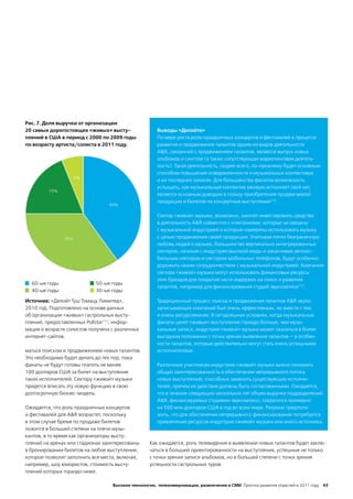 Рис. 7. Доля выручки от организации
20 самых дорогостоящих «живых» высту-                 Выводы «Делойта»
плений в США в период с 2000 по 2009 годы             По мере роста роли праздничных концертов и фестивалей в процессе
по возрасту артиста/солиста в 2011 году.              развития и продвижения талантов одним из видов деятельности
                                                      A&R, связанной с продвижением талантов, является выпуск новых
                                                      альбомов и синглов (а также сопутствующая маркетинговая деятель-
                                                      ность). Такая деятельность, скорее всего, по-прежнему будет основным
                                                      способом повышения осведомленности о музыкальных коллективах
                     6%
                                                      и их последних записях. Для большинства фанатов возможность
                                                      услышать, как музыкальный коллектив вживую исполняет свой хит,
         19%
                                                      является основным доводом в пользу приобретения продвигаемой
                                                      продукции и билетов на концертные выступления172.
                                 40%

                                                      Сектор «живой» музыки, возможно, захочет инвестировать средства
                                                      в деятельность A&R совместно с компаниями, которые не связаны
                                                      с музыкальной индустрией и которые намерены использовать музыку
               35%                                    с целью продвижения своей продукции. Учитывая почти безграничную
                                                      любовь людей к музыке, большинство вертикально интегрированных
                                                      секторов, начиная с индустрии высокой моды и заканчивая автомо-
                                                      бильным сектором и сектором мобильных телефонов, будут особенно
                                                      дорожить своим сотрудничеством с музыкальной индустрией. Компании
                                                      сектора «живой» музыки могут использовать финансовые ресурсы
                                                      этих брендов для покрытия части издержек на поиск и развитие
  60-ые годы                50-ые годы
                                                      талантов, например для финансирования студий звукозаписи173.
  40-ые годы                30-ые годы

Источник: «Делойт Туш Томацу Лимитед»,                Традиционный процесс поиска и продвижения талантов A&R звуко-
2010 год. Подготовлено на основе данных               записывающих компаний был очень эффективным, но вместе с тем
об организации «живых» гастрольных высту-             и очень ресурсоемким. В сегодняшних условиях, когда музыкальные
плений, предоставленных Pollstar171; инфор-           фанаты ценят «живые» выступления гораздо больше, чем музы-
мация о возрасте солистов получена с различных        кальные записи, индустрия «живой» музыки может оказаться в более
интернет-сайтов.                                      выгодном положении с точки зрения выявления талантов — в особен-
                                                      ности талантов, которые действительно могут стать очень успешными
маться поиском и продвижением новых талантов.         исполнителями.
Это необходимо будет делать до тех пор, пока
фанаты не будут готовы платить не менее               Различным участникам индустрии «живой» музыки важно понимать
100 долларов США за билет на выступление              общую заинтересованность в обеспечении непрерывного потока
таких исполнителей. Сектору «живой» музыки            новых выступлений, способных заменить существующих исполни-
придется вписать эту новую функцию в свою             телей, причем их действия должны быть согласованными. Ожидается,
долгосрочную бизнес-модель.                           что в течение следующих нескольких лет объем выручки подразделений
                                                      A&R, финансируемых студиями звукозаписи, сократится примерно
Ожидается, что роль праздничных концертов             на 500 млн долларов США в год во всем мире. Разумно предполо-
и фестивалей для A&R возрастет, поскольку             жить, что для обеспечения непрерывного финансирования потребуется
в этом случае бремя по продаже билетов                привлечение ресурсов индустрии «живой» музыки или иного источника.
ложится в большей степени на плечи музы-
кантов, в то время как организаторы высту-
плений на аренах или стадионах заинтересованы      Как ожидается, роль телевидения в выявлении новых талантов будет заклю-
в бронировании билетов на любое выступление,       чаться в большей ориентированности на выступления, успешные не только
которое позволит заполнить все места, включая,     с точки зрения записи альбомов, но в большей степени с точки зрения
например, шоу юмористов, стоимость высту-          успешности гастрольных туров.
плений которых гораздо ниже.

                                   Высокие технологии, телекоммуникации, развлечения и СМИ Прогноз развития отраслей в 2011 году 43
 