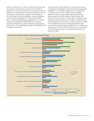13Deloitte Research – Mastering Finance in Business
Finance involvement in IT, however, does not mean automatic
cost reduction and red tape in getting new IT investments
approved. In fact, ﬁnance masters are far ahead of many other
companies in adopting both core ﬁnancial information systems
like enterprise resource planning (ERP), ﬁnancial planning
and forecasting, ﬁnancial consolidation, business intelligence,
and data warehousing (ﬁgure 15). They are also taking a
lead in implementing leading-edge applications for customer
relationship management (CRM), ﬁeld service, demand
planning and forecasting, advanced planning and scheduling
(APS), product data and lifecycle management (PDM/PLM), and
knowledge management.
Source: Deloitte Research, based on the Deloitte Global Survey on Transforming the Enterprise Through Finance
Figure 15. Finance Masters Ahead in Adopting Information Technology
0%
Percentage of companies with advanced or leading technology
implementation maturity
Financial Consolidation Systems
20% 60%
Finance Masters
Intermediates
Novices
Enterprise Resource Planning (ERP)
Data Warehousing
Financial Planning and Forecasting Systems
Customer Relationship Management (CRM)
40%
Demand Planning/Forecasting
Business Intelligence (BI)
Product Data and Lifecycle Management (PDM/PLM)
Advanced Planning and Scheduling System (APS)
Field Service Analytics and Management Systems
Knowledge Management Systems
Henkel Loctite is a good example of a company that focuses
on leveraging technology for improving ﬁnancial management
capabilities. In a multi-billion dollar business, cost planning
is vital but work-intensive. Henkel’s central controlling
department faced a huge workload every year when the
planning ﬁgures had to be prepared. Plans and data from
more than 250 cost centers were provided in multiple formats
followed by manual data entry and analysis. The process was
both costly and time-consuming. To improve efﬁciency, Henkel-
Loctite implemented a system to allow decentralized and
user-friendly cost planning and management. This enabled cost
managers to have direct inﬂuence on their ﬁgures and allowed
the controlling department to more effectively process and
analyze the data.
 