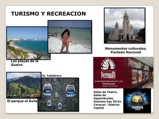 TURISMO Y RECREACION




                                            Monumentos culturales.
                                              Panteón Nacional

  Las playas de la
  Guaira


                     EL Teleférico




                                     Salas de Teatro,
                                     Salas de
                                     Espectáculos,
El parque el Ávila                   Ateneos hay 50 En
                                     Caracas - Distrito
                                     Capital
 