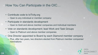 How You Can Participate in the OIC…
• Contribute code to IoTivity.org
– Open to any individual or member company
• Participate in standards development
– Open to Gold and above member companies and Individual members
• Vote on standards development; lead Work and Task Groups
– Open to Platinum and above member companies
• One Director appointed to Board by each Diamond member company
– Plus, after two years, two directors elected from Platinum member companies’
nominations
24
 