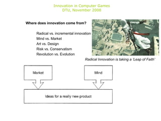 Innovation in Computer Games DTU, November 2008 Where does innovation come from? Radical vs. incremental innovation Mind vs. Market Art vs. Design Risk vs. Conservatism Revolution vs. Evolution Radical Innovation is taking a ’Leap of Faith’ 