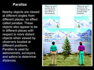 Parallax
Nearby objects are viewed
at different angles from
different places, an effect
called parallax. These
objects also appear to be
in different places with
respect to more distant
objects when viewed by
observers located at
different positions.
Parallax is used by
astronomers, surveyors,
and sailors to determine
distances.
 