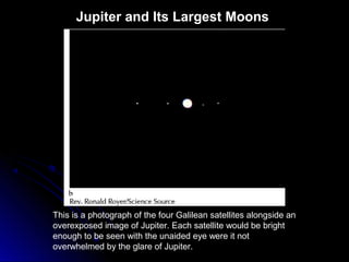 This is a photograph of the four Galilean satellites alongside an
overexposed image of Jupiter. Each satellite would be bright
enough to be seen with the unaided eye were it not
overwhelmed by the glare of Jupiter.
Jupiter and Its Largest Moons
 
