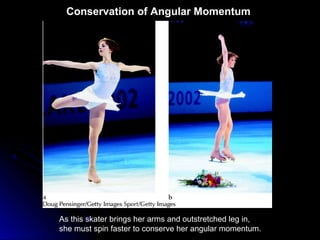 As this skater brings her arms and outstretched leg in,
she must spin faster to conserve her angular momentum.
Conservation of Angular Momentum
 