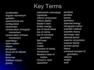 Key TermsKey Terms
acceleration
angular momentum
aphelion
astronomical unit
configuration
conjunction
conservation of angular
momentum
conservation of linear
momentum
cosmology
direct motion
ellipse
elongation
focus (of an ellipse)
force
force law
Galilean moons
gravity
heliocentric cosmology
hyperbola
inferior conjunction
inferior planet
Kepler’s laws
kinetic energy
law of equal areas
law of inertia
law of universal
gravitation
light-year
mass
model
moment of inertia
momentum
Newton’s laws of
motion
Occam’s razor
opposition
parabola
parallax
parsec
perihelion
potential energy
retrograde motion
scientific method
scientific theory
semimajor axis
sidereal period
superior conjunction
superior planet
synodic period
theory
universal constant of
gravitation
velocity
weight
work
 