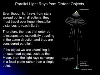 Even though light rays from stars
spread out in all directions, they
must travel over huge interstellar
distances to reach Earth.
Therefore, the rays that enter our
telescopes are essentially traveling
in the same direction and thus are
considered parallel.
If the object we are examining is
an extended object, such as the
Moon, then the light rays converge
in a focal plane rather than a single
point.
Parallel Light Rays from Distant Objects
 