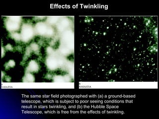 The same star field photographed with (a) a ground-based
telescope, which is subject to poor seeing conditions that
result in stars twinkling, and (b) the Hubble Space
Telescope, which is free from the effects of twinkling.
Effects of Twinkling
 