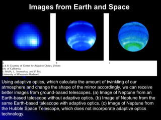 Using adaptive optics, which calculate the amount of twinkling of our
atmosphere and change the shape of the mirror accordingly, we can receive
better images from ground-based telescopes. (a) Image of Neptune from an
Earth-based telescope without adaptive optics. (b) Image of Neptune from the
same Earth-based telescope with adaptive optics. (c) Image of Neptune from
the Hubble Space Telescope, which does not incorporate adaptive optics
technology.
Images from Earth and Space
 