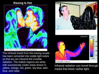 Infrared radiation can travel through
media that block visible light.
Kissing Is Hot
The infrared (heat) from this kissing couple
has been converted into visible light colors
so that we can interpret the invisible
radiation. The hottest regions are white,
with successively cooler areas shown in
yellow, orange, red, green, sky blue, dark
blue, and violet.
 