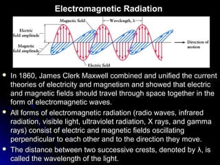 Electromagnetic Radiation
 In 1860, James Clerk Maxwell combined and unified the currentIn 1860, James Clerk Maxwell combined and unified the current
theories of electricity and magnetism and showed that electrictheories of electricity and magnetism and showed that electric
and magnetic fields should travel through space together in theand magnetic fields should travel through space together in the
form of electromagnetic waves.form of electromagnetic waves.
 All forms of electromagnetic radiation (radio waves, infraredAll forms of electromagnetic radiation (radio waves, infrared
radiation, visible light, ultraviolet radiation, X rays, and gammaradiation, visible light, ultraviolet radiation, X rays, and gamma
rays) consist of electric and magnetic fields oscillatingrays) consist of electric and magnetic fields oscillating
perpendicular to each other and to the direction they move.perpendicular to each other and to the direction they move.
 The distance between two successive crests, denoted byThe distance between two successive crests, denoted by λλ, is, is
called the wavelength of the light.called the wavelength of the light.
 