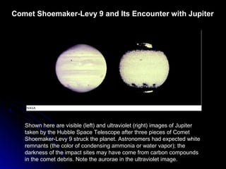 Comet Shoemaker-Levy 9 and Its Encounter with Jupiter
Shown here are visible (left) and ultraviolet (right) images of Jupiter
taken by the Hubble Space Telescope after three pieces of Comet
Shoemaker-Levy 9 struck the planet. Astronomers had expected white
remnants (the color of condensing ammonia or water vapor); the
darkness of the impact sites may have come from carbon compounds
in the comet debris. Note the aurorae in the ultraviolet image.
 