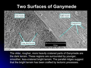 Two Surfaces of Ganymede
The older, rougher, more heavily cratered parts of Ganymede are
the dark terrain. These regions are surrounded by younger,
smoother, less-cratered bright terrain. The parallel ridges suggest
that the bright terrain has been crafted by tectonic processes.
 