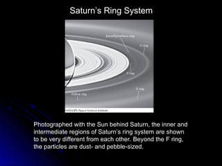 Saturn’s Ring System
Photographed with the Sun behind Saturn, the inner and
intermediate regions of Saturn’s ring system are shown
to be very different from each other. Beyond the F ring,
the particles are dust- and pebble-sized.
 