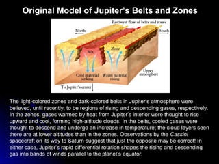 Original Model of Jupiter’s Belts and Zones
The light-colored zones and dark-colored belts in Jupiter’s atmosphere were
believed, until recently, to be regions of rising and descending gases, respectively.
In the zones, gases warmed by heat from Jupiter’s interior were thought to rise
upward and cool, forming high-altitude clouds. In the belts, cooled gases were
thought to descend and undergo an increase in temperature; the cloud layers seen
there are at lower altitudes than in the zones. Observations by the Cassini
spacecraft on its way to Saturn suggest that just the opposite may be correct! In
either case, Jupiter’s rapid differential rotation shapes the rising and descending
gas into bands of winds parallel to the planet’s equator.
 