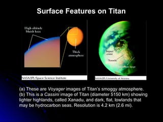 Surface Features on Titan
(a) These are Voyager images of Titan’s smoggy atmosphere.
(b) This is a Cassini image of Titan (diameter 5150 km) showing
lighter highlands, called Xanadu, and dark, flat, lowlands that
may be hydrocarbon seas. Resolution is 4.2 km (2.6 mi).
 