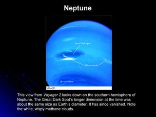 Neptune
This view from Voyager 2 looks down on the southern hemisphere of
Neptune. The Great Dark Spot’s longer dimension at the time was
about the same size as Earth’s diameter. It has since vanished. Note
the white, wispy methane clouds.
 
