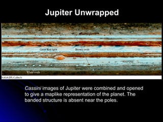 Jupiter Unwrapped
Cassini images of Jupiter were combined and opened
to give a maplike representation of the planet. The
banded structure is absent near the poles.
 