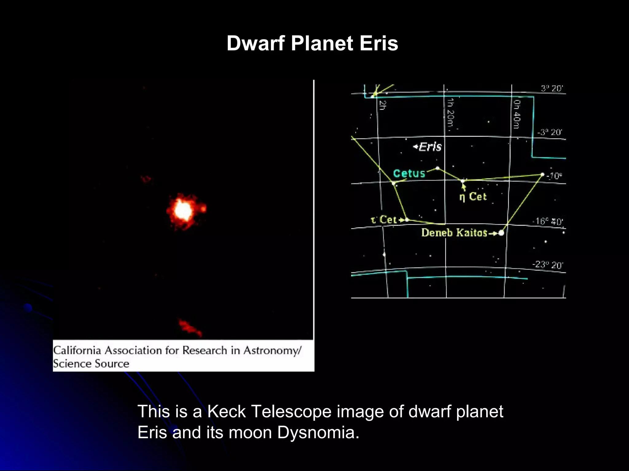 Dwarf Planet Eris
This is a Keck Telescope image of dwarf planet
Eris and its moon Dysnomia.
 