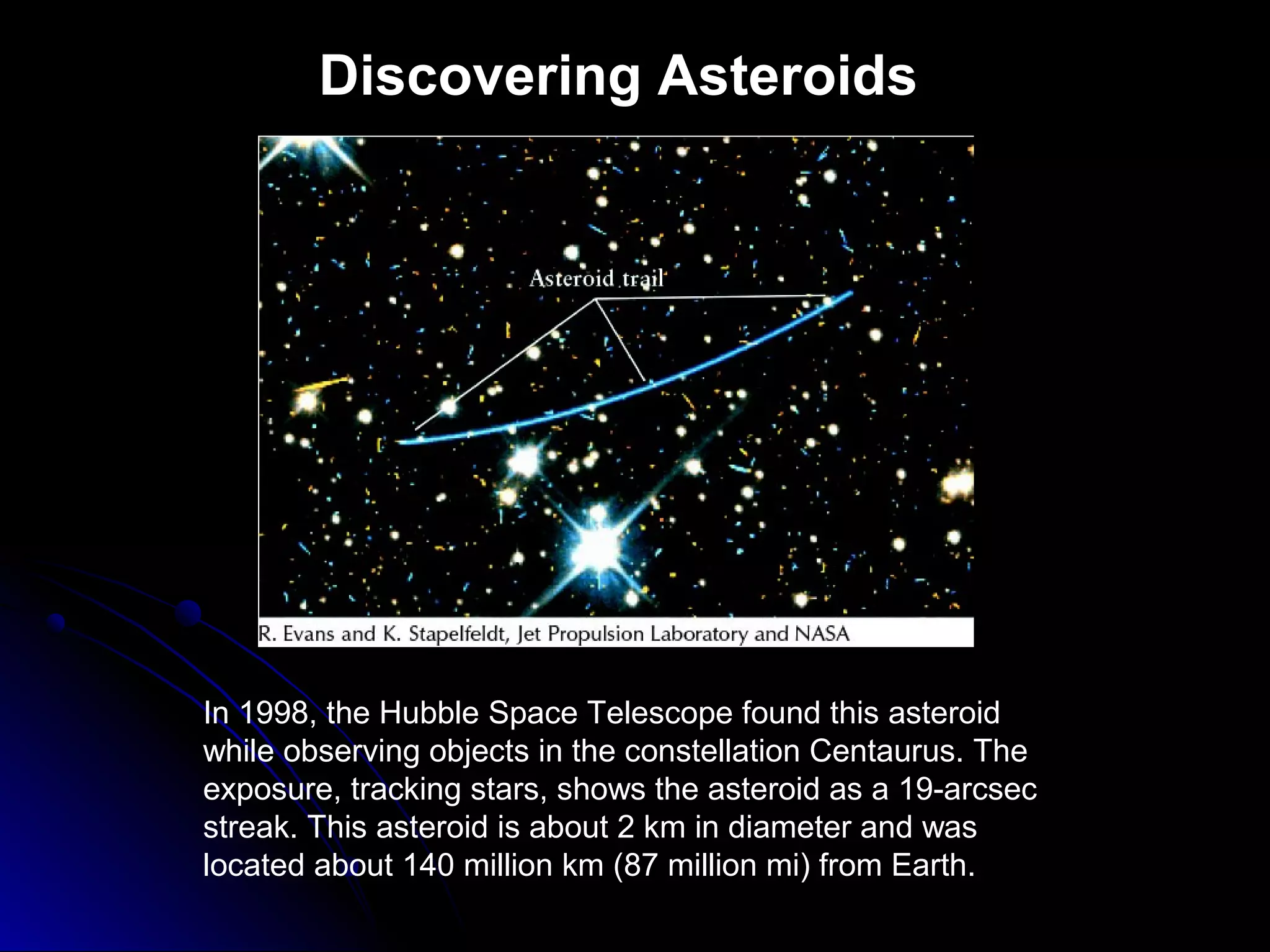 Discovering Asteroids
In 1998, the Hubble Space Telescope found this asteroid
while observing objects in the constellation Centaurus. The
exposure, tracking stars, shows the asteroid as a 19-arcsec
streak. This asteroid is about 2 km in diameter and was
located about 140 million km (87 million mi) from Earth.
 