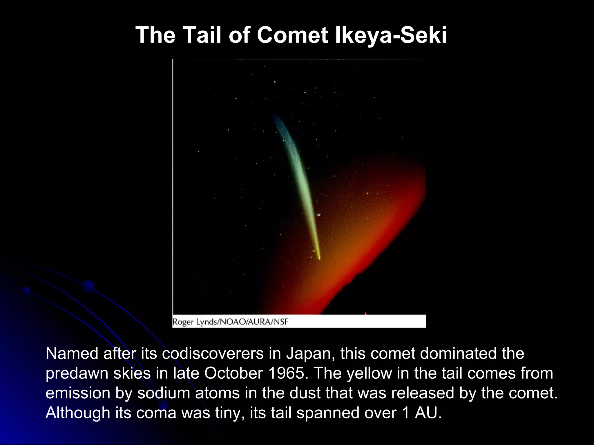 The Tail of Comet Ikeya-Seki
Named after its codiscoverers in Japan, this comet dominated the
predawn skies in late October 1965. The yellow in the tail comes from
emission by sodium atoms in the dust that was released by the comet.
Although its coma was tiny, its tail spanned over 1 AU.
 