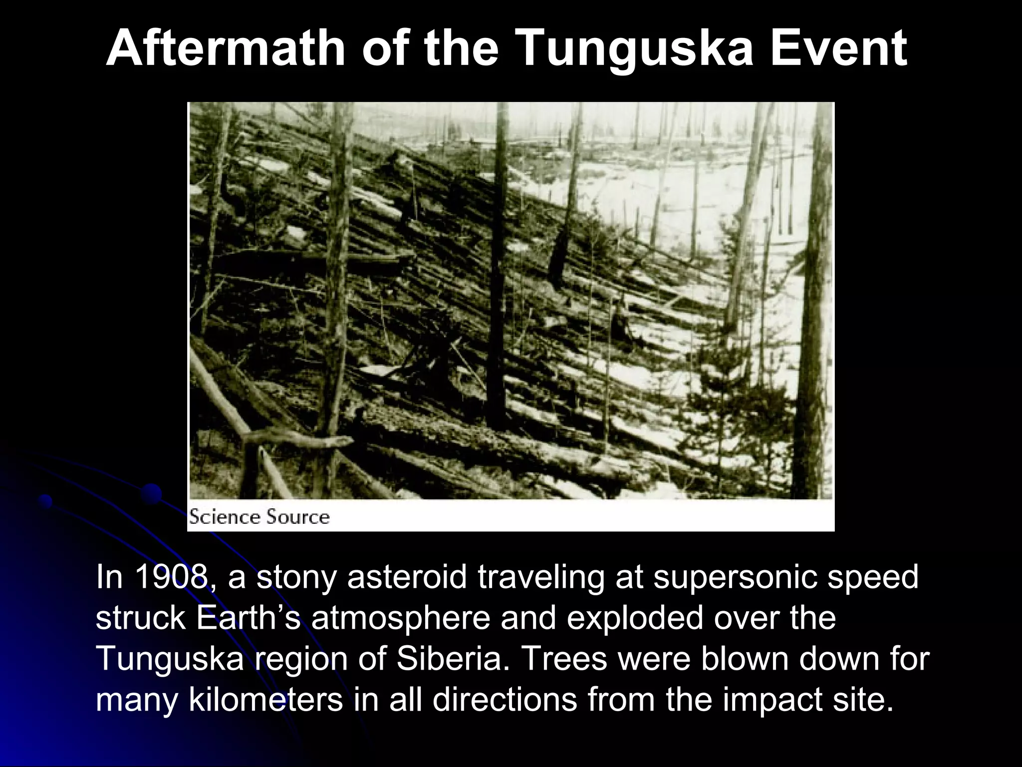 Aftermath of the Tunguska Event
In 1908, a stony asteroid traveling at supersonic speed
struck Earth’s atmosphere and exploded over the
Tunguska region of Siberia. Trees were blown down for
many kilometers in all directions from the impact site.
 