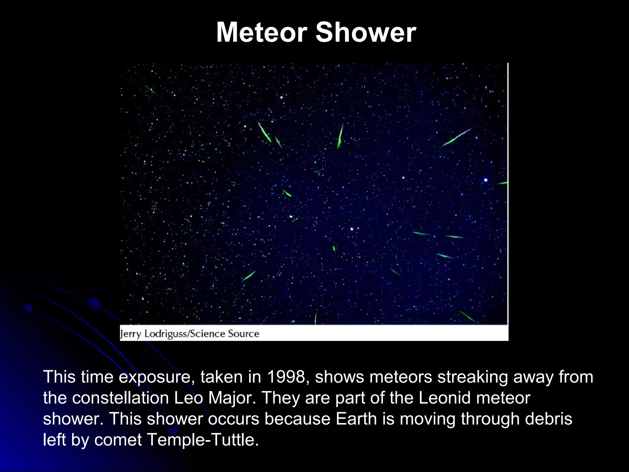 Meteor Shower
This time exposure, taken in 1998, shows meteors streaking away from
the constellation Leo Major. They are part of the Leonid meteor
shower. This shower occurs because Earth is moving through debris
left by comet Temple-Tuttle.
 
