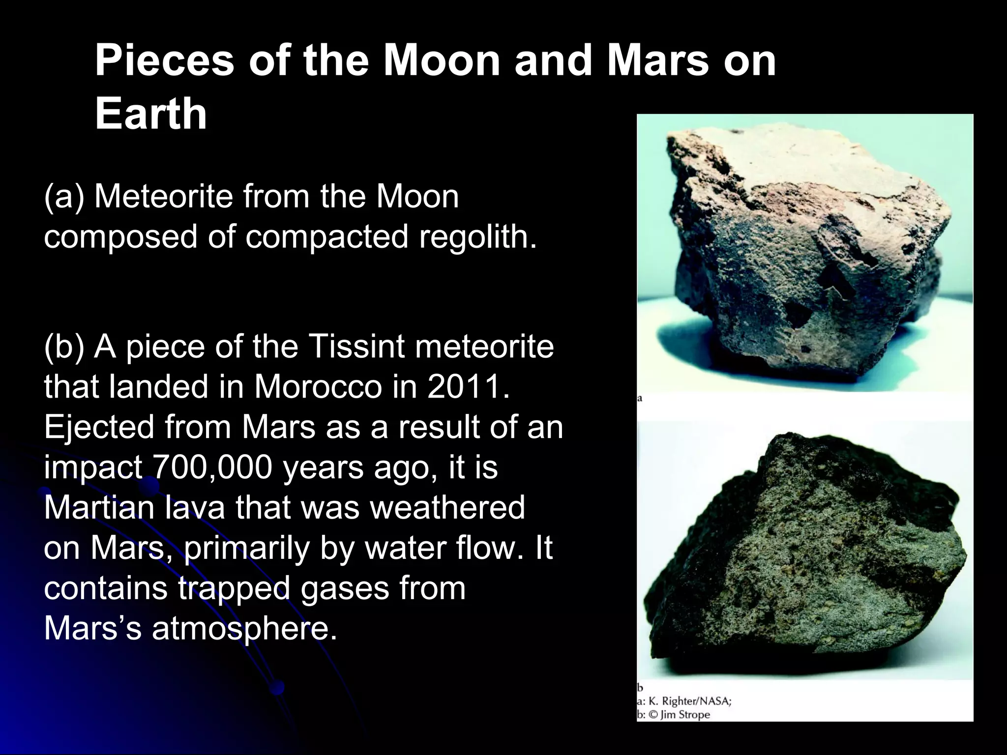 Pieces of the Moon and Mars on
Earth
(a) Meteorite from the Moon
composed of compacted regolith.
(b) A piece of the Tissint meteorite
that landed in Morocco in 2011.
Ejected from Mars as a result of an
impact 700,000 years ago, it is
Martian lava that was weathered
on Mars, primarily by water flow. It
contains trapped gases from
Mars’s atmosphere.
 