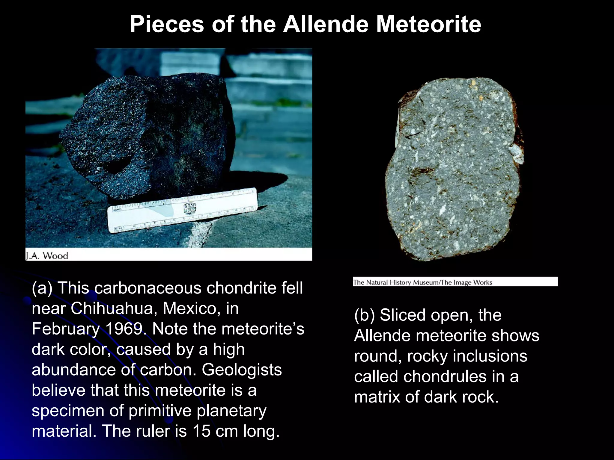 Pieces of the Allende Meteorite
(b) Sliced open, the
Allende meteorite shows
round, rocky inclusions
called chondrules in a
matrix of dark rock.
(a) This carbonaceous chondrite fell
near Chihuahua, Mexico, in
February 1969. Note the meteorite’s
dark color, caused by a high
abundance of carbon. Geologists
believe that this meteorite is a
specimen of primitive planetary
material. The ruler is 15 cm long.
 