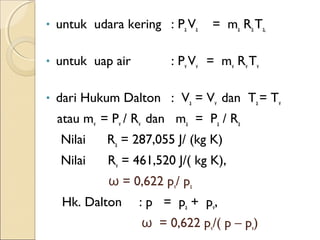 • untuk udara kering : Pa Va = ma Ra Ta, 
• untuk uap air : Pv Vv = mv Rv Tv 
• dari Hukum Dalton : Va = Vv dan Ta = Tv 
atau mv = Pv / Rv dan ma = Pa / Ra 
Nilai Ra = 287,055 J/ (kg K) 
Nilai Rv = 461,520 J/( kg K), 
ω = 0,622 pv/ pa 
Hk. Dalton : p = pa + pv, 
ω = 0,622 pv/( p – pv) 
 