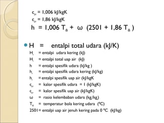cp,a = 1,006 kJ/kgK 
cp,v = 1,86 kJ/kgK 
h = 1,006 Tdb + ω (2501 + 1,86 Tdb ) 
H = entalpi total udara (kJ/K) 
Ha = entalpi udara kering (kJ) 
Hv = entalpi total uap air (kJ) 
h = entalpi spesifik udara (kJ/kg ) 
ha = entalpi spesifik udara kering (kJ/kg) 
hv = entalpi spesifik uap air (kJ/kgK 
cp,a = kalor spesifik udara = 1 (kJ/kgK) 
cp,v = kalor spesifik uap air (kJ/kgK) 
ω = rasio kelembaban udara (kgv/kga) 
Tdb = temperatur bola kering udara (⁰C) 
2501= entalpi uap air jenuh kering pada 0 ⁰C (kJ/kg) 
 