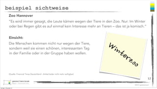 beispiel sichtweise
Zoo Hannover
“Es wird immer gesagt, die Leute kämen wegen der Tiere in den Zoo. Nur: Im Winter
oder bei Regen gibt es auf einmal kein Interesse mehr an Tieren – das ist ja komisch.“
Einsicht:
Die Menschen kommen nicht nur wegen der Tiere,
sondern weil sie einen schönen, interessanten Tag
in der Familie oder in der Gruppe haben wollen.

Wi

nte

rzo

o

(Quelle: Financial Times Deutschland - Artikel leider nicht mehr verfügbar)

12
©2013 gezeitenraum
Sonntag, 3. November 13

 