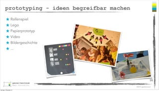 prototyping - ideen begreifbar machen
★ Rollenspiel
★ Lego
★ Papierprototyp
★ Video
★ Bildergeschichte
★ ...

16
©2013 gezeitenraum
Sonntag, 3. November 13

 