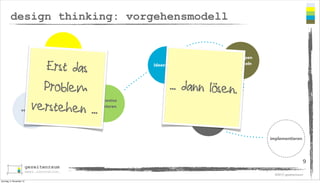 design thinking: vorgehensmodell
beobachten

Erst das
Problem
verstehen ...

verstehen

Sichtweise
deﬁnieren

Prototypen
entwickeln

Ideen ﬁnden

... dann lösen.
testen

implementieren

9
©2013 gezeitenraum
Sonntag, 3. November 13

 