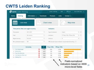 CWTS Leiden Ranking
23
Field-normalized
indicators based on 4000
micro-level fields
 