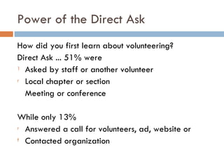 Power of the Direct Ask <ul><li>How did you first learn about volunteering? </li></ul><ul><li>Direct Ask ... 51% were </li...