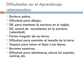 Dificultades en el Aprendizaje relacionadas: Escritura pobre. Dificultad para dibujar. Dif. para mantener la escritura en el reglón. Dif. control de  movimientos en la escritura (velocidad). Forma irregular de sus letras. Dificultad para controlar el tamaño de la letra. Torpeza para tomar el lápiz o las tijeras. Borrones excesivos. Dificultad para abotonarse, atarse los zapatos, vestirse, etc. 