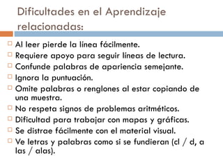 Dificultades en el Aprendizaje relacionadas: Al leer pierde la línea fácilmente. Requiere apoyo para seguir líneas de lectura. Confunde palabras de apariencia semejante. Ignora la puntuación. Omite palabras o renglones al estar copiando de una muestra. No respeta signos de problemas aritméticos. Dificultad para trabajar con mapas y gráficas. Se distrae fácilmente con el material visual. Ve letras y palabras como si se fundieran (cl / d, a las / alas). 