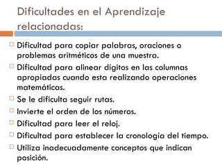 Dificultades en el Aprendizaje relacionadas: Dificultad para copiar palabras, oraciones o problemas aritméticos de una muestra. Dificultad para alinear dígitos en las columnas apropiadas cuando esta realizando operaciones matemáticas. Se le dificulta seguir rutas. Invierte el orden de los números. Dificultad para leer el reloj. Dificultad para establecer la cronología del tiempo. Utiliza inadecuadamente conceptos que indican posición. 