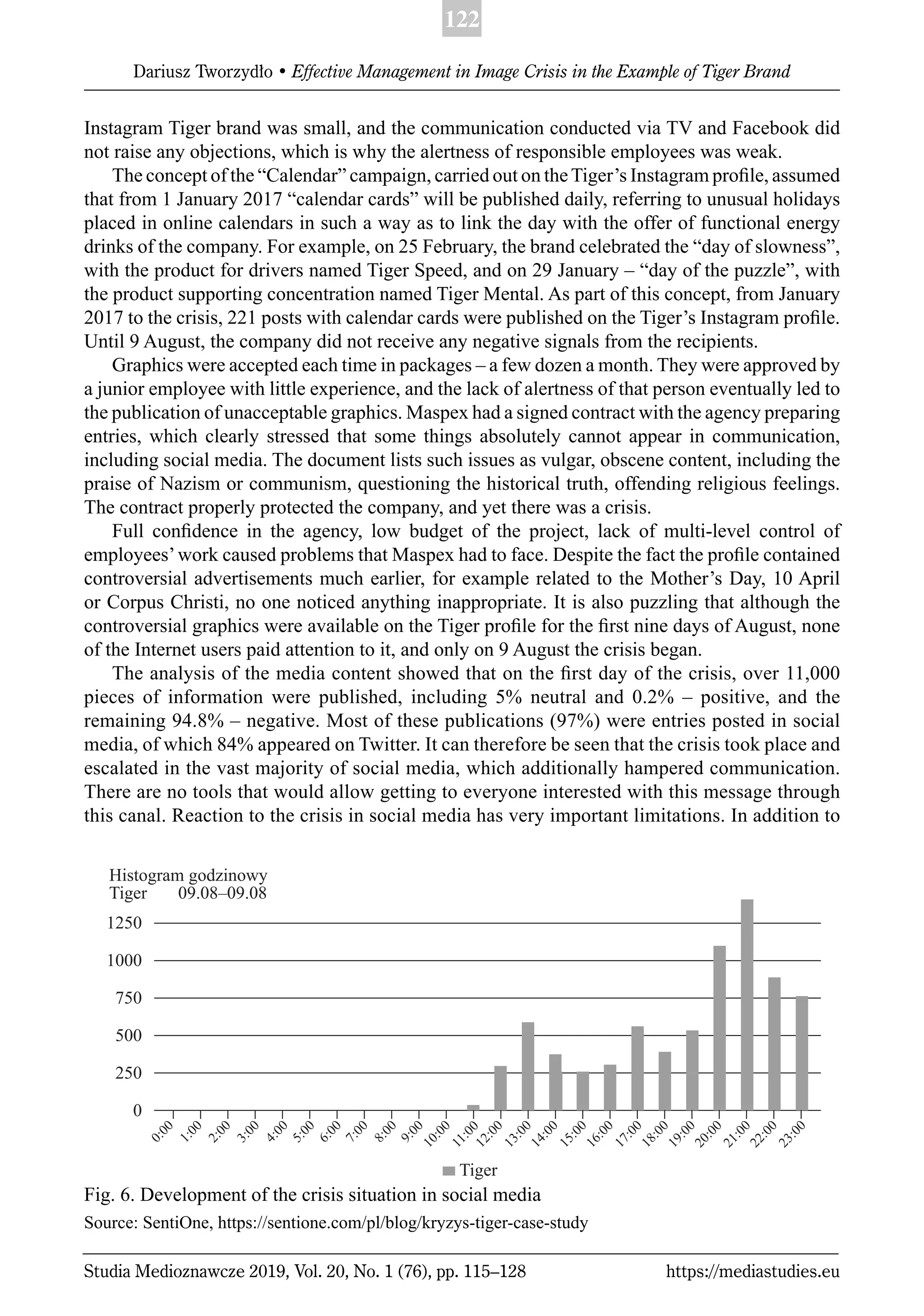 122
Dariusz Tworzydło • Effective Management in Image Crisis in the Example of Tiger Brand
Studia Medioznawcze 2019, Vol. 20, No. 1 (76), pp. 115–128 https://mediastudies.eu
Instagram Tiger brand was small, and the communication conducted via TV and Facebook did
not raise any objections, which is why the alertness of responsible employees was weak.
The concept of the “Calendar” campaign, carried out on theTiger’s Instagram proﬁle, assumed
that from 1 January 2017 “calendar cards” will be published daily, referring to unusual holidays
placed in online calendars in such a way as to link the day with the offer of functional energy
drinks of the company. For example, on 25 February, the brand celebrated the “day of slowness”,
with the product for drivers named Tiger Speed, and on 29 January – “day of the puzzle”, with
the product supporting concentration named Tiger Mental. As part of this concept, from January
2017 to the crisis, 221 posts with calendar cards were published on the Tiger’s Instagram proﬁle.
Until 9 August, the company did not receive any negative signals from the recipients.
Graphics were accepted each time in packages – a few dozen a month. They were approved by
a junior employee with little experience, and the lack of alertness of that person eventually led to
the publication of unacceptable graphics. Maspex had a signed contract with the agency preparing
entries, which clearly stressed that some things absolutely cannot appear in communication,
including social media. The document lists such issues as vulgar, obscene content, including the
praise of Nazism or communism, questioning the historical truth, offending religious feelings.
The contract properly protected the company, and yet there was a crisis.
Full conﬁdence in the agency, low budget of the project, lack of multi-level control of
employees’work caused problems that Maspex had to face. Despite the fact the proﬁle contained
controversial advertisements much earlier, for example related to the Mother’s Day, 10 April
or Corpus Christi, no one noticed anything inappropriate. It is also puzzling that although the
controversial graphics were available on the Tiger proﬁle for the ﬁrst nine days of August, none
of the Internet users paid attention to it, and only on 9 August the crisis began.
The analysis of the media content showed that on the ﬁrst day of the crisis, over 11,000
pieces of information were published, including 5% neutral and 0.2% – positive, and the
remaining 94.8% – negative. Most of these publications (97%) were entries posted in social
media, of which 84% appeared on Twitter. It can therefore be seen that the crisis took place and
escalated in the vast majority of social media, which additionally hampered communication.
There are no tools that would allow getting to everyone interested with this message through
this canal. Reaction to the crisis in social media has very important limitations. In addition to
Fig. 6. Development of the crisis situation in social media
Source: SentiOne, https://sentione.com/pl/blog/kryzys-tiger-case-study
1250
1000
750
500
250
0
Tiger
Histogram godzinowy
Tiger 09.08–09.08
0
:
0
0
1
:
0
0
2
:
0
0
3
:
0
0
4
:
0
0
5
:
0
0
6
:
0
0
7
:
0
0
8
:
0
0
9
:
0
0
1
0
:
0
0
1
1
:
0
0
1
2
:
0
0
1
3
:
0
0
1
4
:
0
0
1
5
:
0
0
1
6
:
0
0
1
7
:
0
0
1
8
:
0
0
1
9
:
0
0
2
0
:
0
0
2
1
:
0
0
2
2
:
0
0
2
3
:
0
0
 