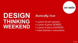 Butterfly Test
• 4 post-its por pessoa
• 2 post-it para DORES
• 2 post-it para GANHOS
• mais latente e necessário
10 min
DESIGN
THINKING
WEEKEND
 