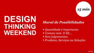 Mural de Possibilidades
• Quantidade é importante.
• Comece com: E SE...
• Sem julgamentos.
• Produtos, Serviços ou Soluções
15 min
DESIGN
THINKING
WEEKEND
 
