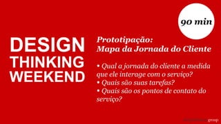 Prototipação:
Mapa da Jornada do Cliente
• Qual a jornada do cliente a medida
que ele interage com o serviço?
• Quais são suas tarefas?
• Quais são os pontos de contato do
serviço?
90 min
DESIGN
THINKING
WEEKEND
 