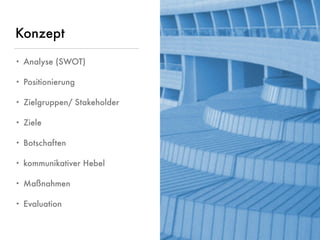 © www.digitale-spielwiese.org, Cologne 2015 - Lunch&Learn Axel Springer 13.02.2015
Konzept
• Analyse (SWOT)
• Positionierung
• Zielgruppen/ Stakeholder
• Ziele
• Botschaften
• kommunikativer Hebel
• Maßnahmen
• Evaluation
 