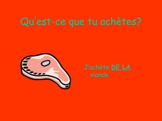 Qu’est-ce que tu achètes?

J’achète DE LA
viande.

 