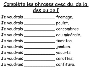 Complète les phrases avec du, de la,
des ou de l’
Je voudrais
Je voudrais
Je voudrais
Je voudrais
Je voudrais
Je voudrais
Je voudrais
Je voudrais
Je voudrais

____________ fromage.
____________ poulet.
____________ concombres.
____________ eau minérale.
____________ tomates.
____________ jambon.
____________ yaourts.
____________ carottes.
____________ confiture.

 