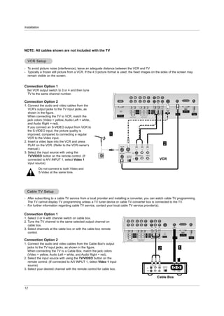 Installation




NOTE: All cables shown are not included with the TV


  VCR Setup

- To avoid picture noise (interference), leave an adequate distance between the VCR and TV
- Typically a frozen still picture from a VCR. If the 4:3 picture format is used; the fixed images on the sides of the screen may
  remain visible on the screen.


Connection Option 1
  Set VCR output switch to 3 or 4 and then tune
  TV to the same channel number.

Connection Option 2
1. Connect the audio and video cables from the
   VCR's output jacks to the TV input jacks, as                                                                COMPONENT 2
                                                                                                                                             DVD
                                                                                                                                                       MONITOR
                                                                                                                                                       OUTPUT                                                                     DVI INPUT

   shown in the figure.
                                                                                                                                             /DTV
                                                                                                                                             INPUT                                                                              (PC/DTV INPUT)
                                                                                                                                                         A/V
                                                                                                               COMPONENT 1                             INPUT1                                  S-VIDEO
                                                                                                                                                                             (MONO)                            Antenna1                           Antenna 2
                                                                                                   R       L                                                     R AUDIO L            VIDEO

   When connecting the TV to VCR, match the
                                                                          RGB INPUT
                                                                        (PC/DTV INPUT)
                                                                                                AUDIO INPUT                  VIDEO INPUT


   jack colors (Video = yellow, Audio Left = white,
   and Audio Right = red).
   If you connect an S-VIDEO output from VCR to
   the S-VIDEO input, the picture quality is
   improved; compared to connecting a regular                    1
   VCR to the Video input.
2. Insert a video tape into the VCR and press
   PLAY on the VCR. (Refer to the VCR owner’s                                                                                                                                                 2
                                                                              ANT IN

   manual.)
3. Select the input source with using the                                   ANT OUT
                                                                                         S-VIDEO
                                                                                                       OUT

   TV/VIDEO button on the remote control. (If                                             OUTPUT
                                                                                          SWITCH
                                                                                                               (R) AUDIO (L)          VIDEO


   connected to A/V INPUT 1, select Video 1
                                                                                           3  4  IN
                                                                                                                                                                                VCR
   input source)
           Do not connect to both Video and
           S-Video at the same time.




  Cable TV Setup
- After subscribing to a cable TV service from a local provider and installing a converter, you can watch cable TV programming.
  The TV cannot display TV programming unless a TV tuner device or cable TV converter box is connected to the TV.
- For further information regarding cable TV service, contact your local cable TV service provider(s).

Connection Option 1
1. Select 3 or 4 with channel switch on cable box.
2. Tune the TV channel to the same selected output channel on
   cable box.
3. Select channels at the cable box or with the cable box remote
   control.                                                                                            COMPONENT 2
                                                                                                                                             MONITOR
                                                                                                                                             OUTPUT                                                                         DVI INPUT
                                                                                                                                     DVD
                                                                                                                                     /DTV
                                                                                                                                     INPUT                                                                                (PC/DTV INPUT)
                                                                                                                                               A/V
                                                                                                       COMPONENT 1                           INPUT1                                       S-VIDEO
                                                                                                                                                                   (MONO)                                Antenna1                            Antenna 2
                                                                                            R      L                                                   R AUDIO L            VIDEO

Connection Option 2                                                                       AUDIO INPUT                 VIDEO INPUT


1. Connect the audio and video cables from the Cable Box's output
   jacks to the TV input jacks, as shown in the figure.                                                                                                                      2                                       1
   When connecting the TV to a Cable Box, match the jack colors
   (Video = yellow, Audio Left = white, and Audio Right = red).
2. Select the input source with using the TV/VIDEO button on the
   remote control. (If connected to A/V INPUT 1, select Video 1 input
   source)                                                                                                                                       (R) AUDIO (L)              VIDEO
                                                                                                                                                                                          OUTPUT
                                                                                                                                        TV                                                SWITCH
3. Select your desired channel with the remote control for cable box.                                                                   VCR
                                                                                                                                                                                           3  4
                                                                                                                                                                                                          RF        Cable




                                                                                                                                                                       Cable Box


12
 